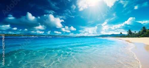 A tropical ocean scene with sand, sun with blue sky. Paradise island concept.