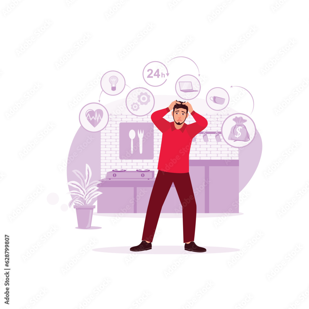 Man holding head, too much on the mind and feeling stressed. Trend Modern vector flat illustration Man holding head, too much on the mind and feeling stressed. Trend Modern vector flat illustration