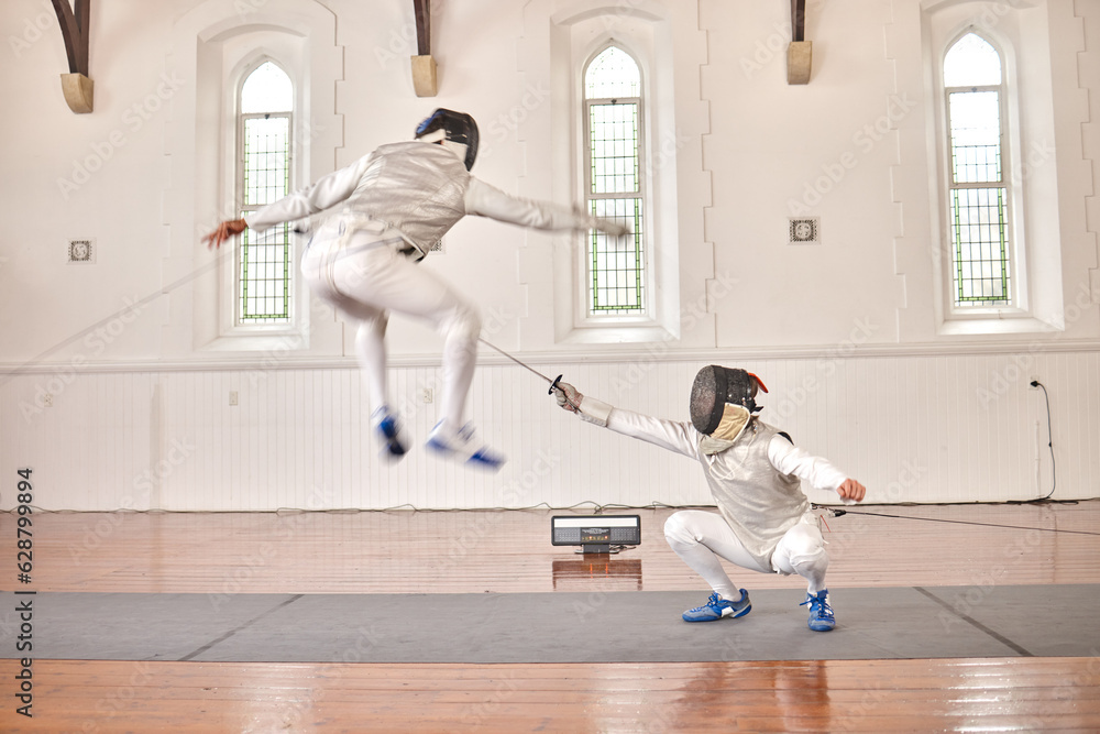 Fencing, exercise and people battle, jump and training, fitness or workout for energy with epee sword in club. Fight, fencer or athlete in performance, competition or sports with mask, helmet or suit