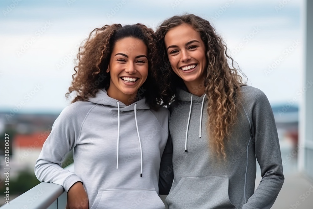 Female fitness friends smiling and standing together