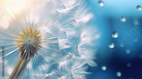 Yellow Dandelion seeds and very close-up water drop background.. Generative ai