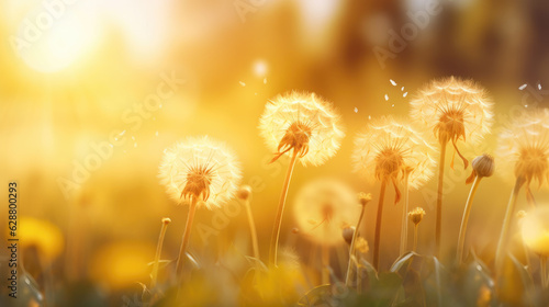 Yellow dandelion beautiful flowers background shot by sunlight in warm nature. Generative ai