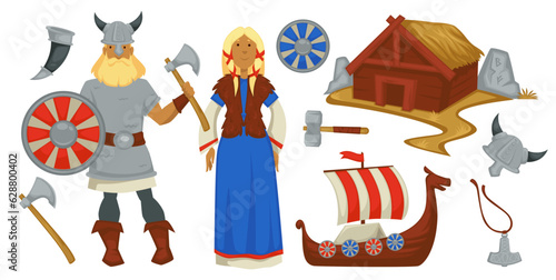 Vikings man woman in traditional clothes vector