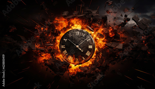 Lost time. A clock engulfed in flames against a dark background.