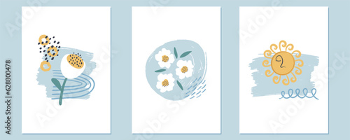 Set of creative minimalistic abstract posters. Hand drawn vector illustrations with the Sun, flowers, and decorative elements. Boho aesthetic compositions. For card, poster, cover design.