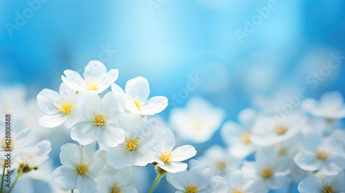 White primroses on a light blue background, close-up nature scenery