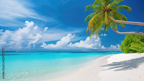 White sand and cloudy blue sky, beautiful oblique tropical palm trees background. Generative ai