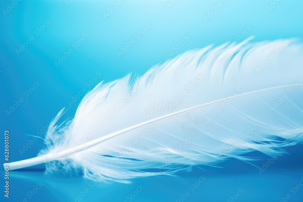 Obraz premium White light soft feather close-up on blue background. Generative ai