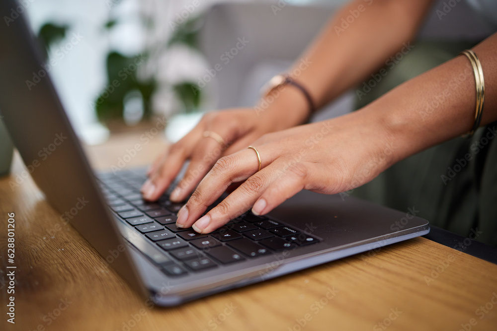 Hands of woman, remote work and laptop keyboard in home for digital planning, online research or blog information. Closeup of freelancer working on computer, technology and website media for telework Hands of woman, remote work and laptop keyboard in home for digital planning, online research or blog information. Closeup of freelancer working on computer, technology and website media for telework