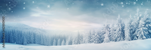 Winter concept azure sky background with snow covered ground and trees with snowflakes. Generative ai