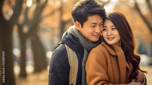 young amorous asian couple in the park in autumn, made with Generative AI