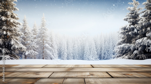 Winter christmas scene snowy trees wood floor background with copy space.. Generative ai © LFK