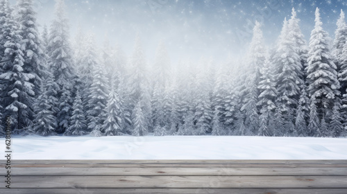 Winter christmas scene snowy trees background with copy space. Generative ai © LFK