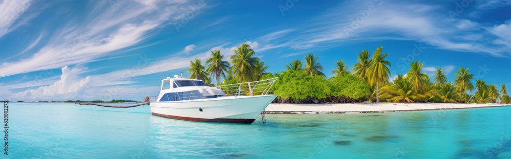 White Boat background with palm trees and sea with Maldives island vacation concept. Generative ai White Boat background with palm trees and sea with Maldives island vacation concept. Generative ai