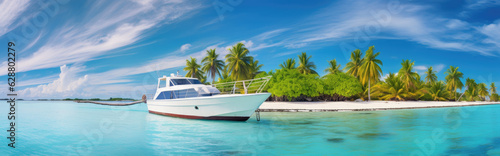 White Boat background with palm trees and sea with Maldives island vacation concept. Generative ai © LFK