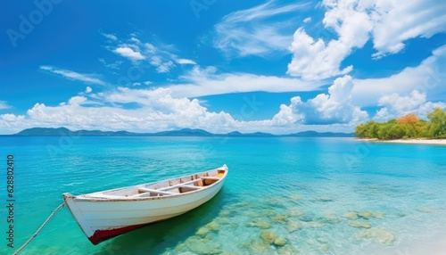 White boat background in turquoise ocean water against blue sky and palm trees. Generative ai