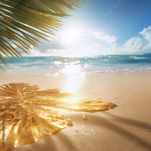 Wet sand, ocean and summer background, tropical plant frame. Generative ai