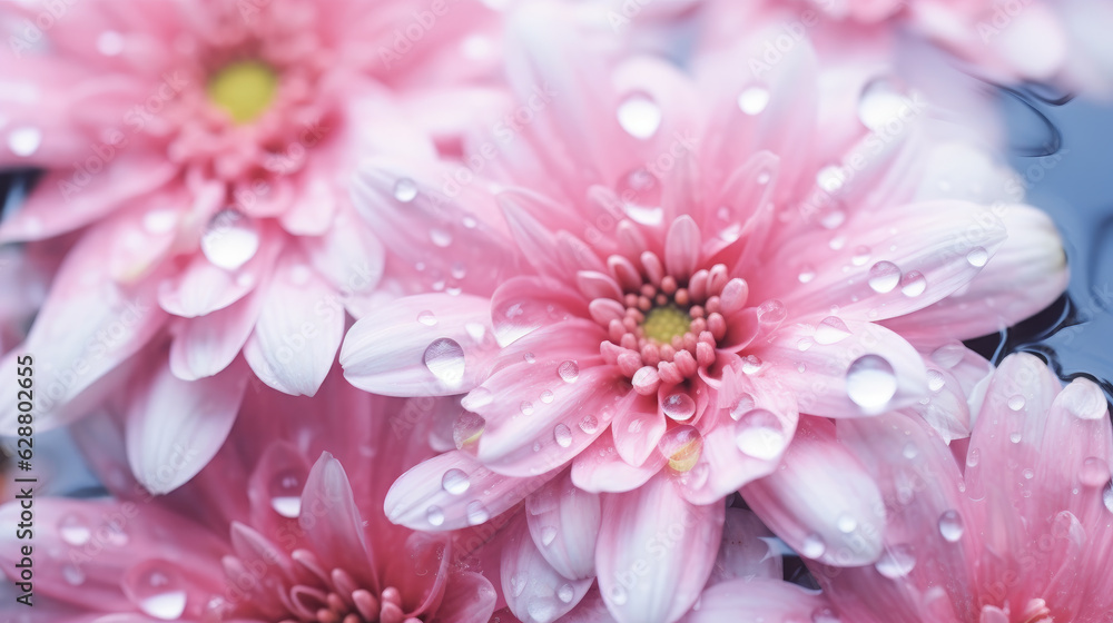 Water drops on light pink flower petals in water, spring plants background. Generative ai Water drops on light pink flower petals in water, spring plants background. Generative ai