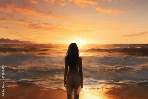 Fototapeta Naklejka Na Ścianę i Meble -  Girl on beach sunset free. Generate Ai