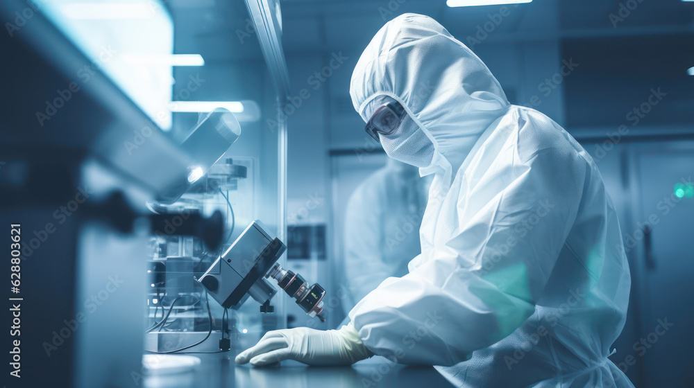 A man in protective clothing working on equipment. Pharmaceautical clean room, industrial design, large scale chemical production in controlled sterile conditions A man in protective clothing working on equipment. Pharmaceautical clean room, industrial design, large scale chemical production in controlled sterile conditions