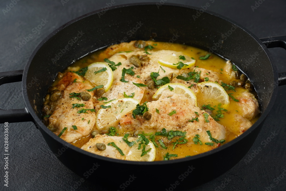 Italian lemon chicken piccata with capers and white wine sauce