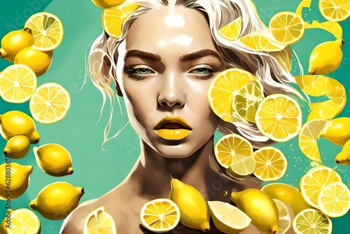 modern cutout collage of lemons and lemon slices and a woman  editorial style for a magazine cover.