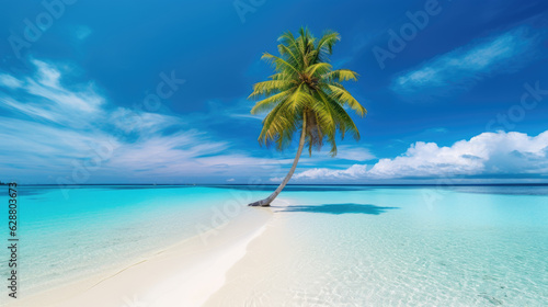 Tropical palm tree cloudy background in middle of turquoise sea. Generative ai © LFK