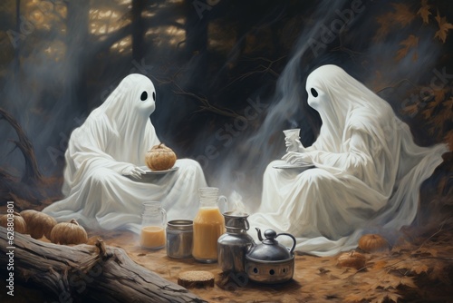 Ghosts take tea having picnic. Generate Ai