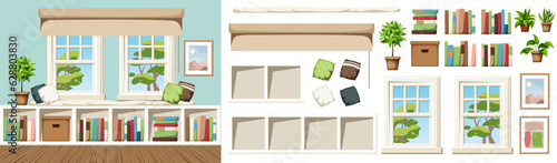 Room interior design with a window seat and a bookshelf under the windows. Cozy home interior design. Furniture set. Interior constructor. Cartoon vector illustration