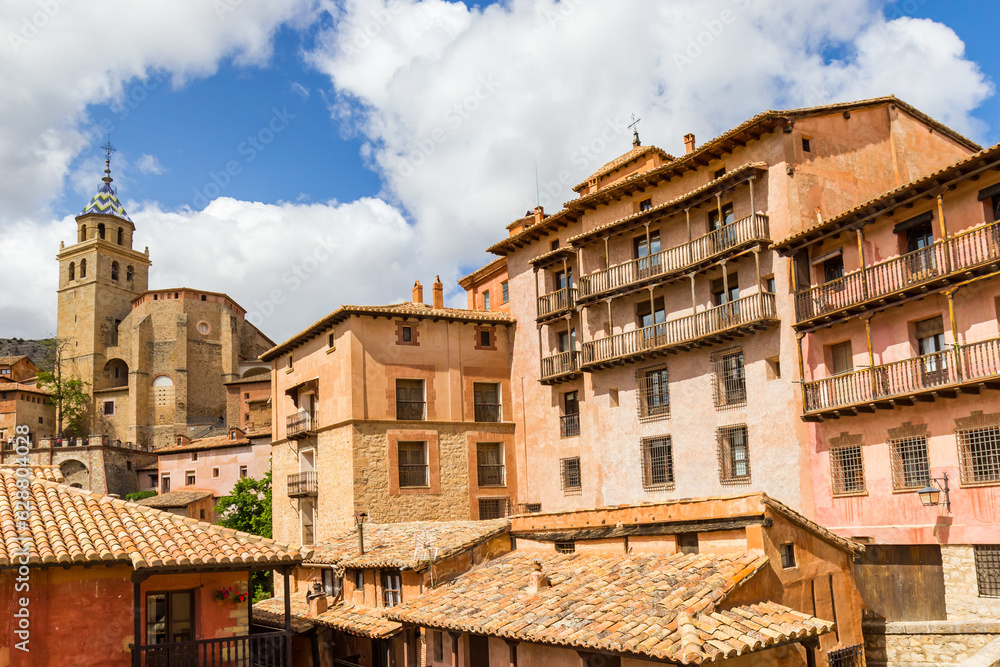 Historic houses in front of the cathedral in Albarracin, Spain