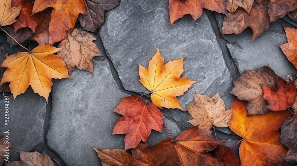 Obraz premium Beautiful autumn leaves lie on the paving slab