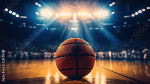 Close up of a Basketball ball in the center of the stadium