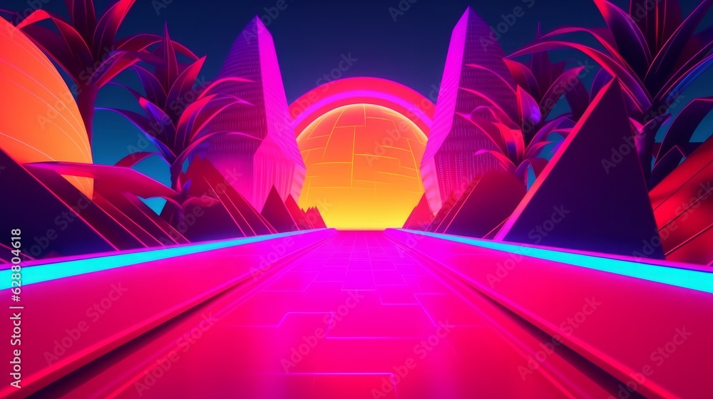 Neon Tropical Synthwave Theme 3D Abstract Background - obrazy, fototapety, plakaty 