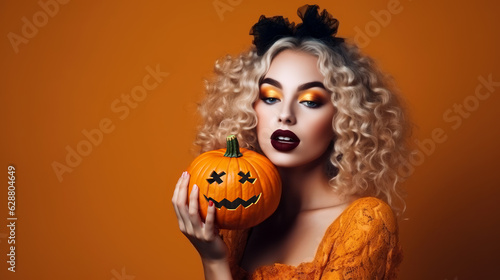 Photo Model woman wearing costume and halloween makeup holding carved pumpkin, isolate