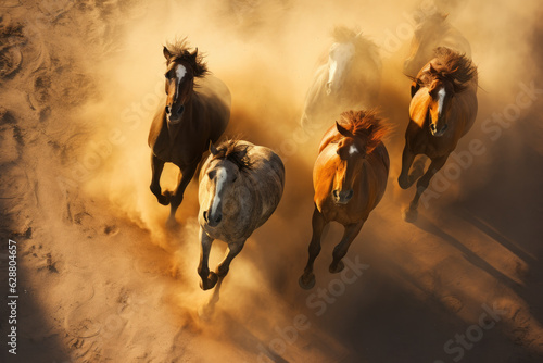 Top angle shot of a herd of horses running in the desert in the dust under the sun. Generative ai