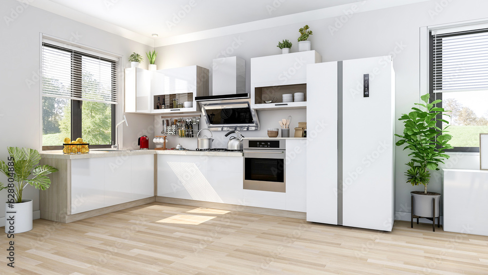 White modern contemporary stylish kitchen room interior, 3D Rendering White modern contemporary stylish kitchen room interior, 3D Rendering