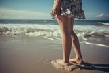 Girl legs beach water. Generate Ai