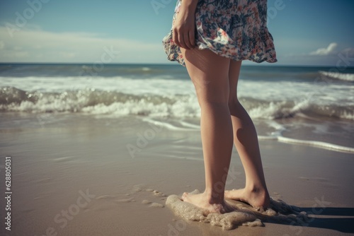 Girl legs beach water. Generate Ai