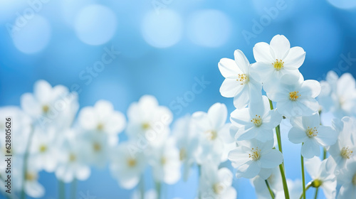 Spring forest white flowers primrose on a beautiful blue. Generative ai.