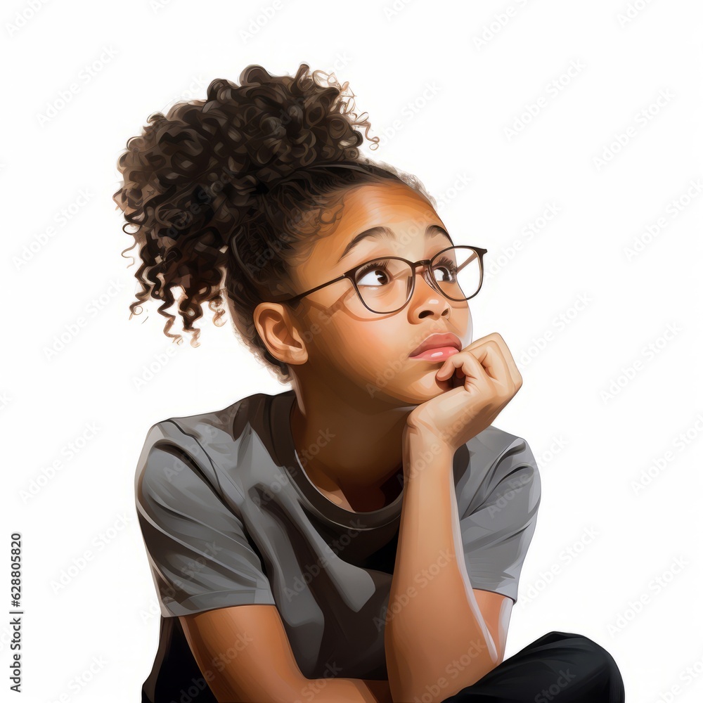 Black girl in thinking and doubts pose photorealistic illustration. Female character with dreamy face on abstract background. Ai generated realistic bright poster. Black girl in thinking and doubts pose photorealistic illustration. Female character with dreamy face on abstract background. Ai generated realistic bright poster.