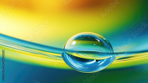 Smooth transparent shiny macro drop of water background in yellow blue color tones. Generative ai