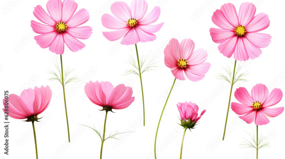 Set of eight pink Cosmos bipinnatus flowers of different patterns white background. Generative ai