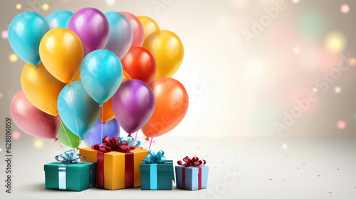 Happy birthday poster with colorful balloons and gift box background.