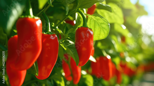 Row of red peppers, greenhouse cultivation, organic farming themed background. Generative ai