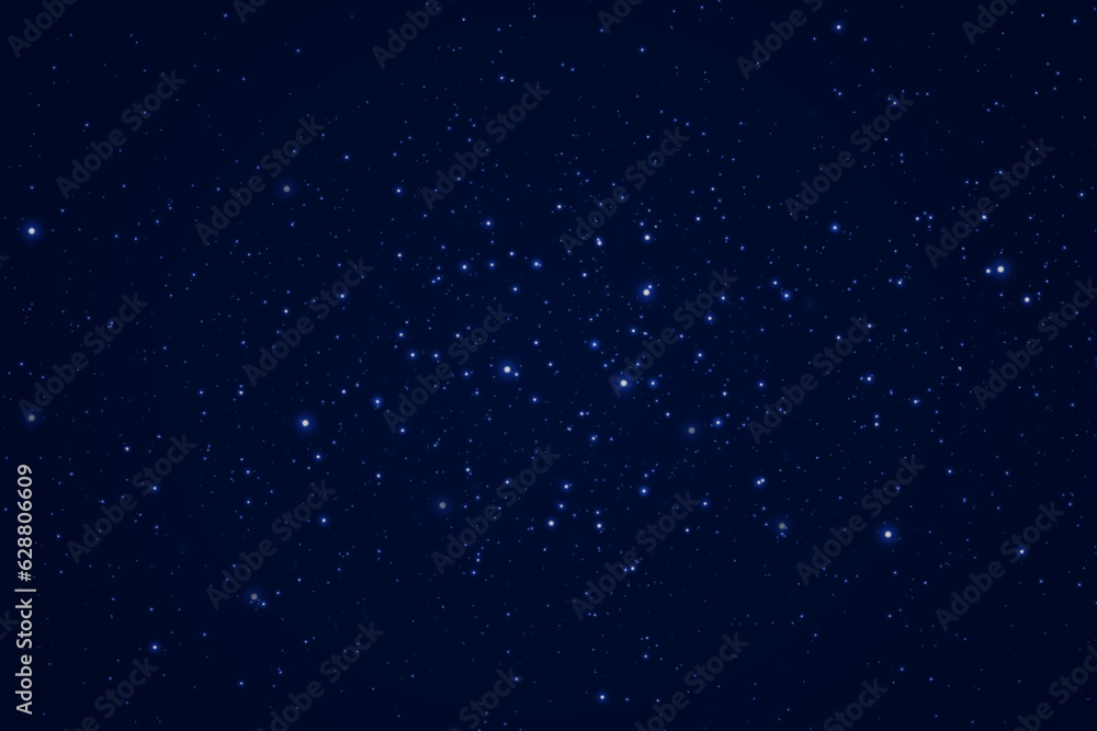 Abstract background. Beautiful blue starry sky. The stars glow in total darkness. Fantasy galaxy. Shiny magical dust particles. Vector illustration