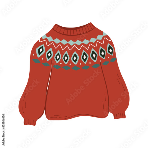 Cozy warm sweater with jacquard ornament.  Concept of hygge lifestyle. Hand drawn flat style vector illustration.