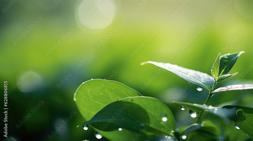 Raindrops on green leaves in selective focus, morning dew out of focus background. Generative ai Raindrops on green leaves in selective focus, morning dew out of focus background. Generative ai