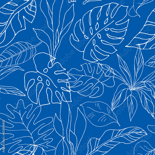 Tropical palm leaves, blue background. Vector seamless pattern. Exotic plants outline illustration. Summer beach floral design. Paradise nature