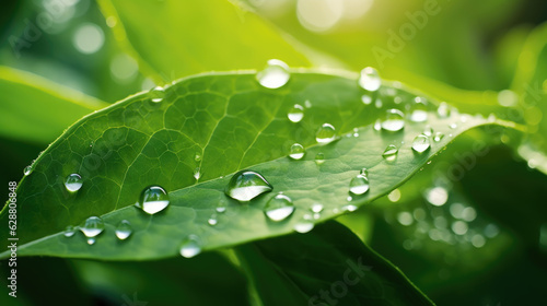 Raindrops on green leaf in sunlight, background. Generative ai