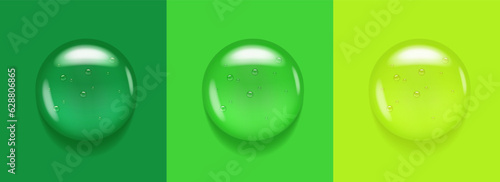 Gel serum drop. Transparent cosmetic hair shampoo texture on fresh green background. Liquid skincare realistic scrub fluid. Glycolic clear oxygen formula